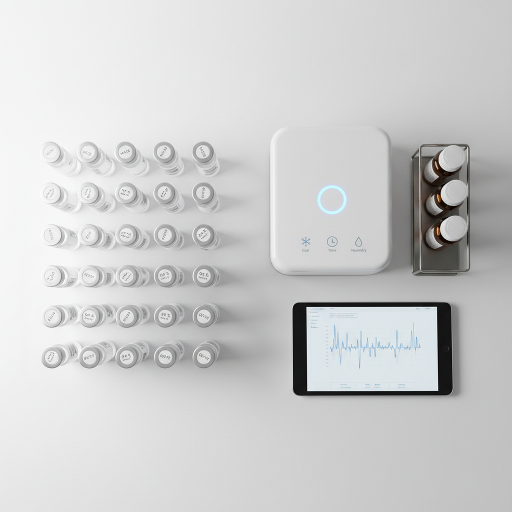 An overhead photographic realism shot of a meticulously organized peptide research workstation on a matte white lab surface. Frosted glass vials with clear solutions are arranged in a precise grid beside a digital temperature-controlled storage unit with a glowing blue indicator and simple icon-based storage guidelines on its display. A stainless steel rack, amber accessory bottles, and a sleek tablet showing abstract data graphs (no legible text) complete the scene. Soft, even studio lighting from above eliminates harsh shadows, creating a bright, clinical atmosphere. The composition uses rule of thirds, with the primary peptide vials and their batch and purity icons forming the visual anchor. The mood is highly professional and methodical, emphasizing controlled conditions and research-only use for serious Australian laboratory environments.