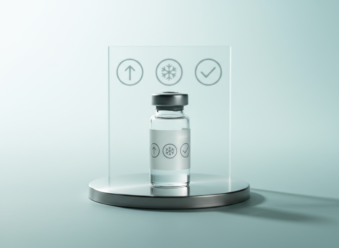 A photographic realism close-up of a single premium peptide vial presented like a product hero shot. The vial, made from ultra-clear borosilicate glass with a frosted band for an icon-only label, rests on a brushed stainless steel disk that gently reflects its base. Behind it, a softly out-of-focus acrylic stand displays three circular icons suggesting batch verification, high purity, and cold storage, without any words. The backdrop is a gradient from cool white to pale teal, evoking cleanliness and advanced science. Directional studio lighting from the upper left creates a subtle rim light along the glass edges and a soft shadow to the right. Framed in a centered, minimalist composition, the mood is precise, confident, and distinctly professional, ideal as a main brand image for an Australian peptide supplier.