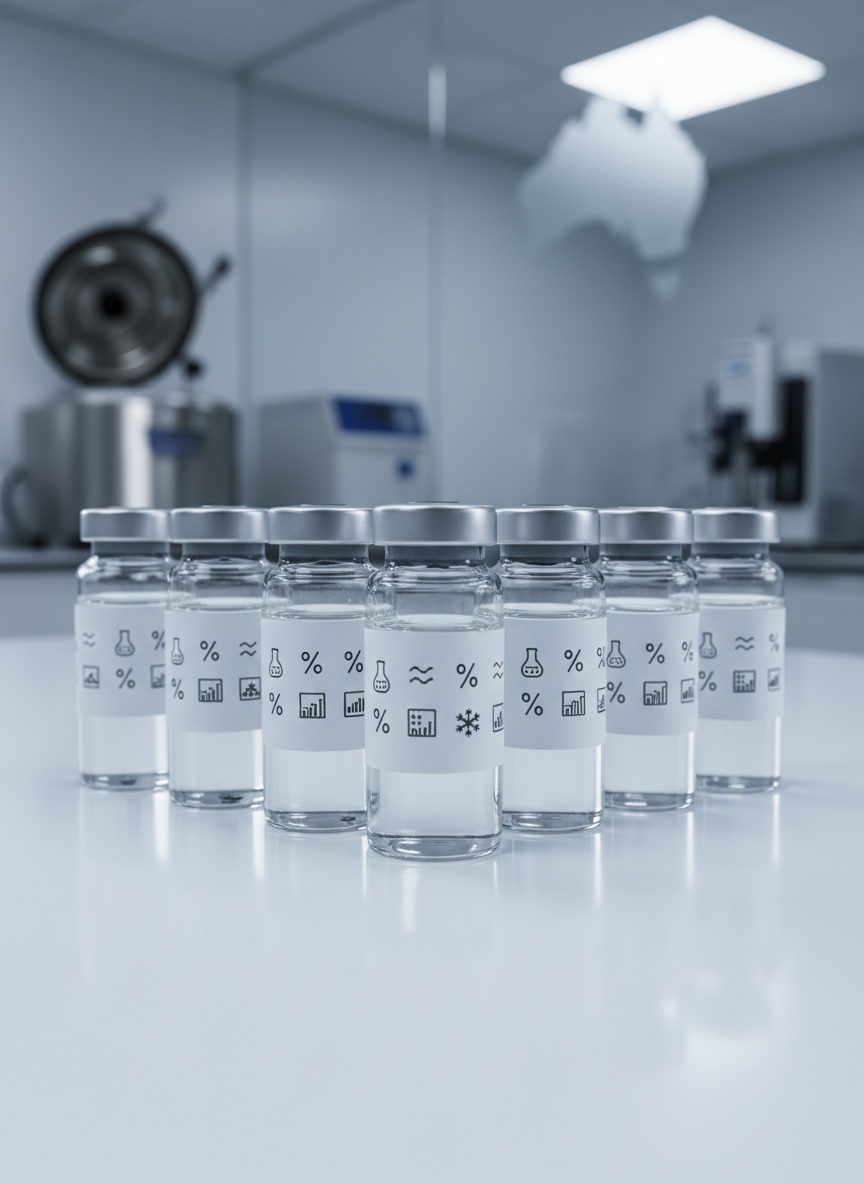 A close-up photographic realism image of a row of crystal-clear glass vials filled with colorless peptide solutions, each sealed with matte silver crimp caps and labeled with minimalist white bands showing batch, purity percentage, and storage temperature icons (no readable text). The vials stand on a seamless white laboratory bench with a subtle reflection. In the softly blurred background, stainless steel instruments and a faint outline of the Australian continent on frosted glass hint at local manufacturing. Cool, diffused studio lighting creates crisp highlights and gentle shadows, conveying sterility and precision. Shot at eye level with a shallow depth of field, the central vial is in razor-sharp focus, embodying a clean, professional, research-only aesthetic for scientific buyers.