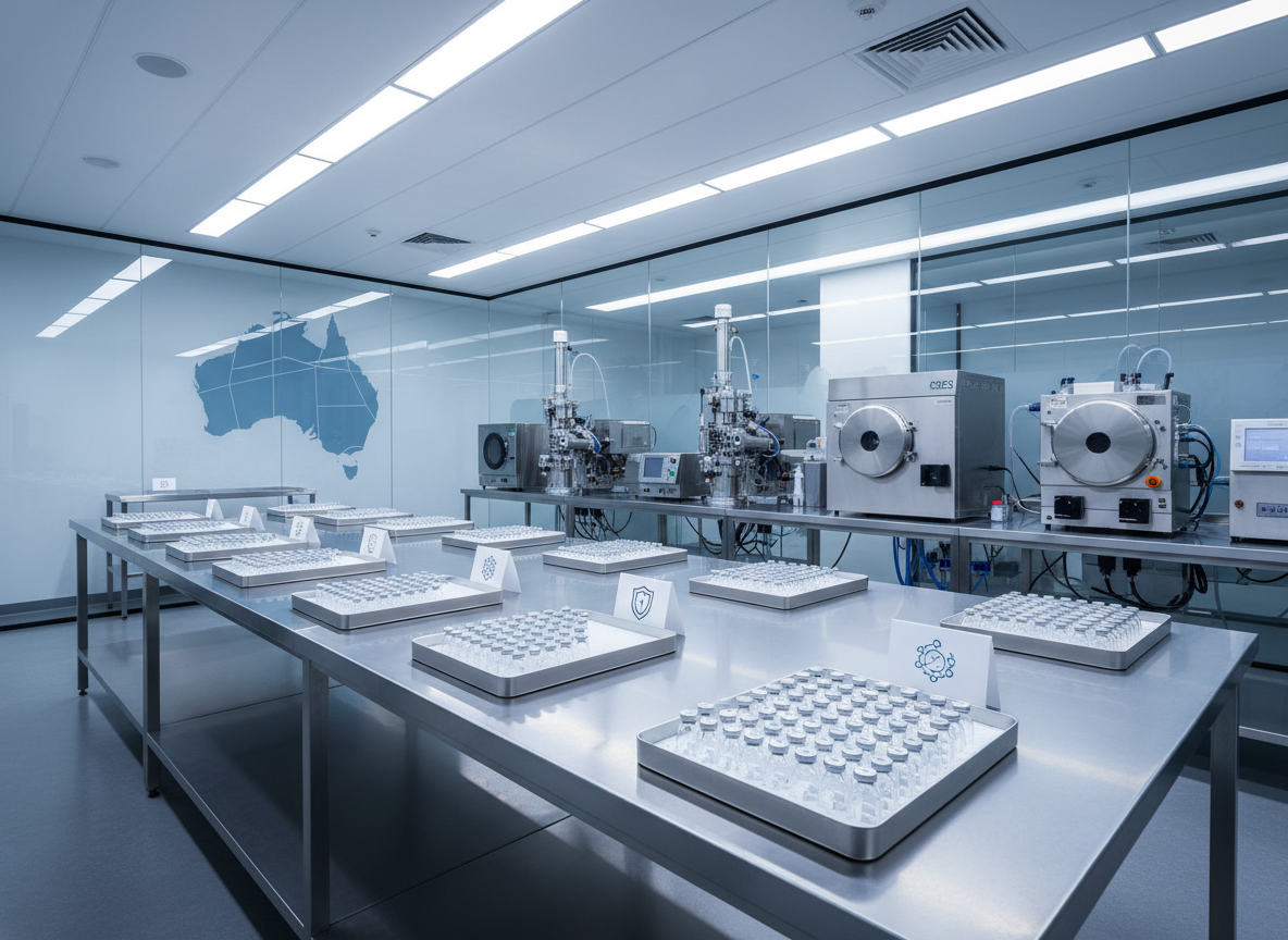 A wide photographic realism scene of a modern peptide manufacturing and quality control lab, focused on a central island bench where multiple neat trays of sealed peptide vials are arranged. Each tray has small, icon-based cards indicating purity level, batch identity, and recommended storage (snowflake, shield, batch code symbol), without actual text. In the midground, sleek stainless steel equipment and analytical instruments stand against glass walls etched with an abstract, geometric outline of Australia. Cool white overhead LED lighting produces a bright, shadow-minimized environment that feels ultra-clean and high-tech. Captured from a slightly elevated angle with deep focus, the composition emphasizes scale, order, and rigorous quality control, conveying premium Australian-made research peptides for professional laboratories.